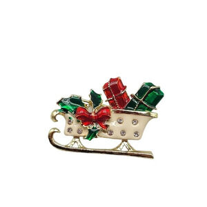 Giovanni X-Mas Sleigh Clear Rhinestone Beige Green Red Enamel Gold Tone Brooch